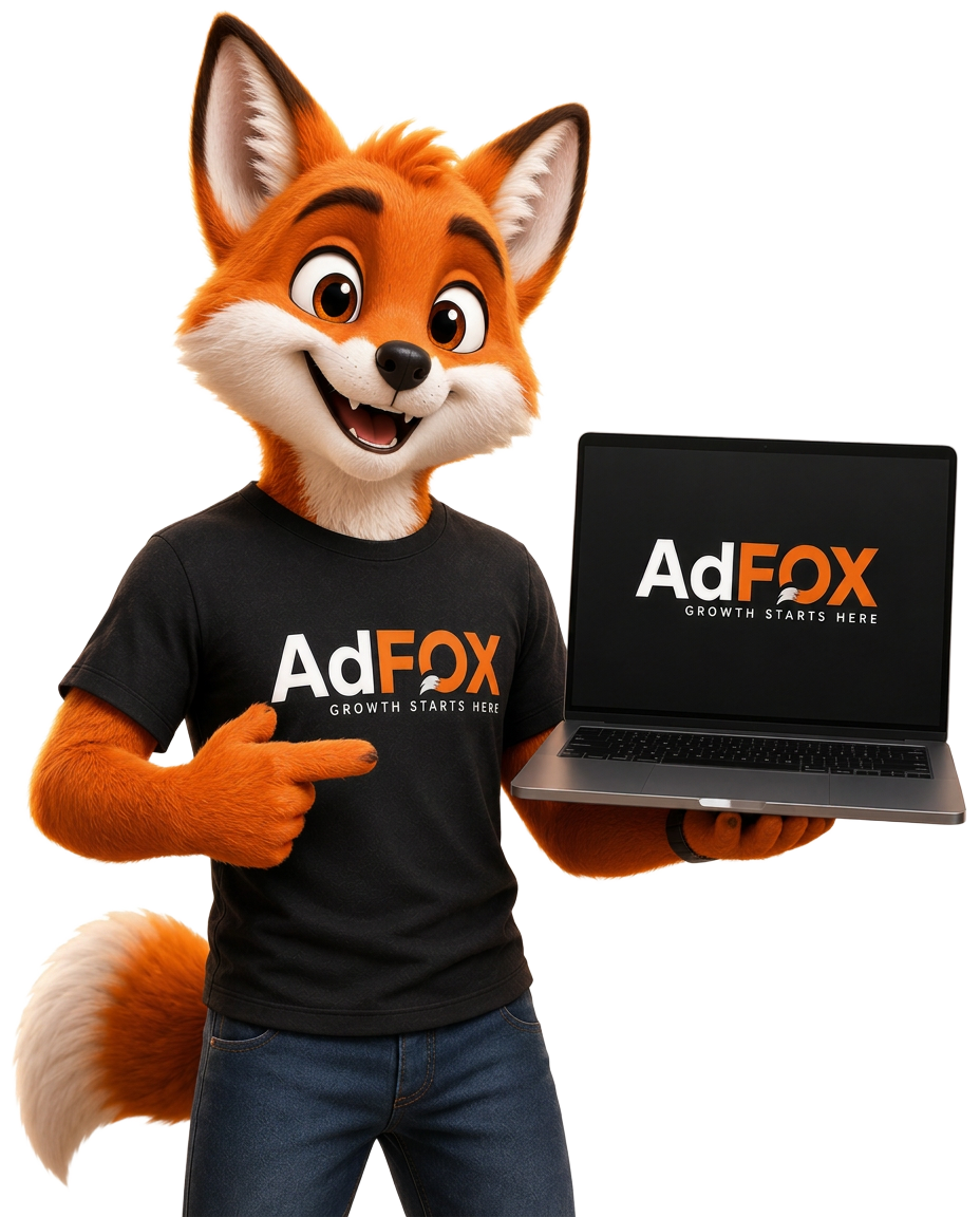 AdFOX fox mascot with laptop
